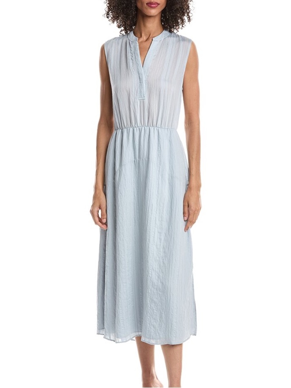 Vince Light Blue Drapey Striped Tiered Sleeveless V-Neck Flowy Midi Dress